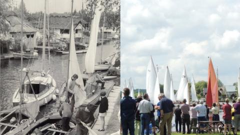 Side by side pictures of the boat race from different eras