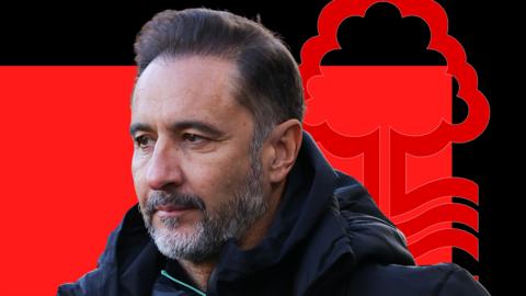 Vitor Pereira in front of a red and black background and the Nottingham Forest club badges