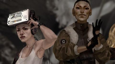 The cover of the ECOPUNK game book. Three figures stand in front of a gloomy background. From right to left: A white woman in a white vest top wearing a tech covered helmet and a bionic arm, a black woman in a black turtle neck and green jacket with white fur lining adjusts her black fingerless gloves, she has a gun hanging from one shoulder, A golden cyborg man brandishes an assault rifle.