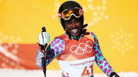 Sabrina Simader of Kenya reacts in the finish area during the Alpine Skiing Ladies Super-G on day eight of the PyeongChang 2018 Winter Olympic Games at Jeongseon Alpine Centre on February 17, 2018 in Pyeongchang-gun, South Korea