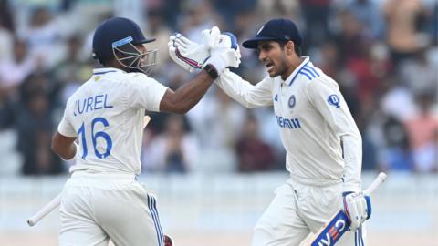India batters Dhruv Jurel (left) and Shubman Gill (right) celebrate hitting the winning runs v England