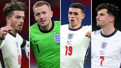 A split image of Jack Grealish, Jordan Pickford, Phil Foden and Mason Mount