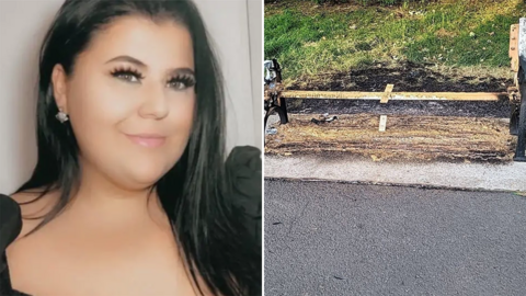 Bethanie Booth on the left. Smiling and wearing a lack dress. She has black hair. Bench destroyed by fire on the right