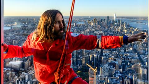 Jared Leto climbs The Empire State Building on November 08, 2023 in New York City