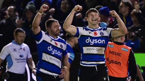 Bath celebrate their win against Leicester