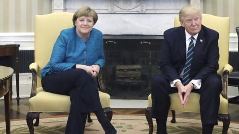 US President Donald Trump has met German Chancellor Angela Merkel for the first time.