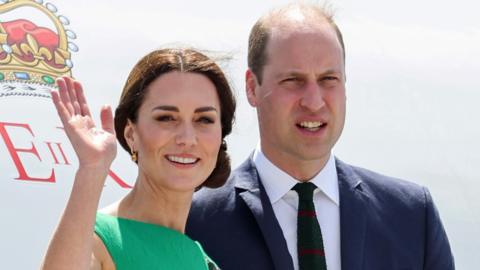 Catherine, Duchess of Cambridge and Prince William, Duke of Cambridge wave as they depart from Norman Manley International Airport on the Platinum Jubilee Royal Tour of the Caribbean on 24 March 2022 in Jamaica.