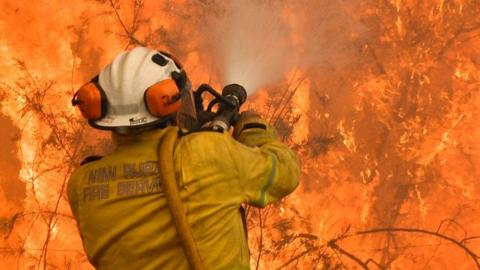 A firefighter conducts back-burning measures to secure residential areas from encroaching bushfires in the Central Coast, some 90-110 kilometres north of Sydney on December 10, 2019