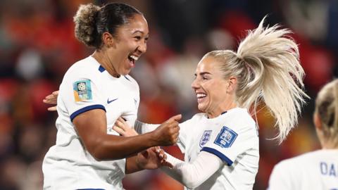 Lauren James and England team-mate Alex Greenwood celebrate at the World Cup