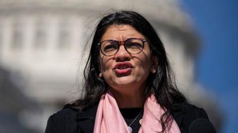Rep Rashida Tlaib speaks during a news conference about the Justice For All Act outside the US Capitol