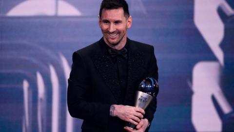 Lionel Messi with his Best Fifa award at the ceremony in Paris