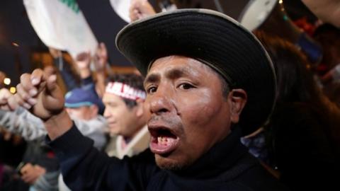 A supporter of President Vizcarra demonstrates outside of Congress