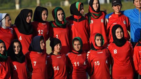 The Afghan women's football team are photographed at the South Asia Football Federation championship in Islamabad