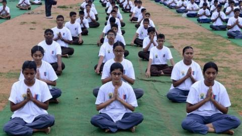 National Cadet Corps (NCC) participate in a mass yoga session in Secunderabad