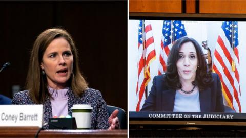 Composite image of Amy Coney Barrett and Kamala Harris