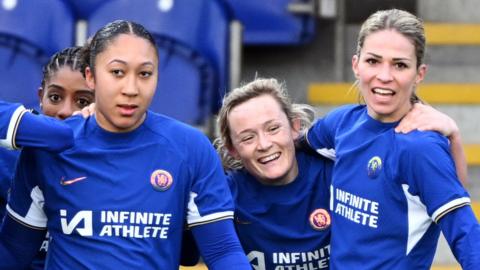 Chelsea celebrate Erin Cuthbert scoring their second goal against West Ham