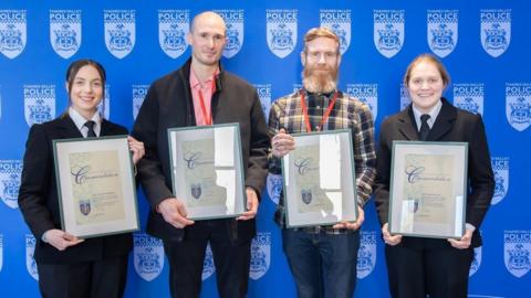 (from left): PC Alex Ayckbourn, Ivan Dinev, Darren Nicholson, PC Beth Foster