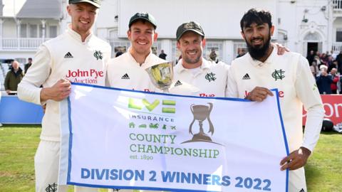 Nottinghamshire centurions Lyndon James, Matthew Montgomery Steven Mullaney and Haseeb Hameed celebrate winning the Division Two title