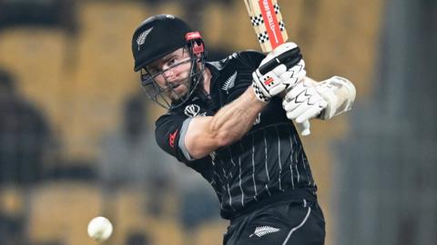 New Zealand captain Kane Williamson bats against Bangladesh during 2023 Cricket World Cup