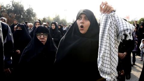 Iranian women shout anti-US slogans a demonstration to condemn the killing of Qasem Soleimani, after Friday prayer ceremony in Tehran, 3 January 2020