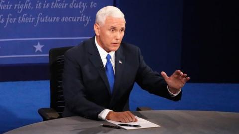 Republican vice presidential nominee Mike Pence during the Vice Presidential Debate in Farmville, Virginia, 4 October 2016