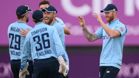 England's Ben Stokes celebrates with team-mates against Pakistan