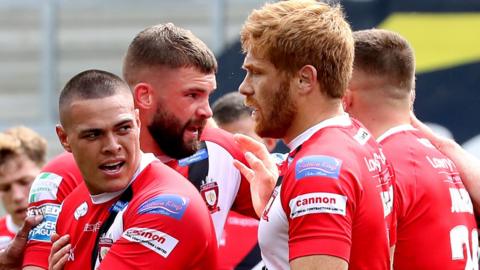 Salford celebrate a try by Tui Lolohea against Hull