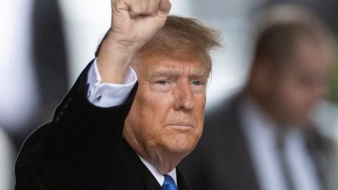 Former U.S. President Donald Trump greets to his supporters, as he arrives from his second civil trial after E. Jean Carroll accused Trump of raping her decades ago, outside a Trump Tower in the Manhattan borough of New York City, U.S., January 25, 2024.