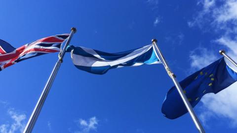 Union, Saltire and EU flag