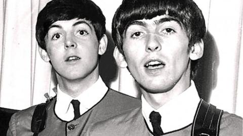 Paul McCartney with George Harrison and his Maton guitar