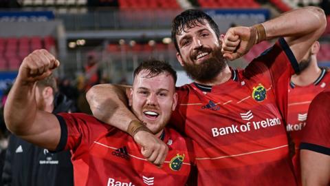 Scott Buckley and Jean Kleyn celebrate after Munster's dramatic 15-14 win over Ulster in Belfast
