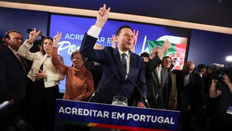 The leader of the Democratic Alliance (AD) coalition and President of the Social Democratic Party (PSD) Luis Montenegro holds the victory speech during the election night of the legislative elections 2024 in Lisbon