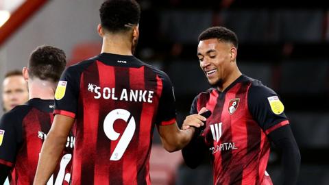 Bournemouth forwards Dominic Solanke and Arnaut Danjuma celebrate a goal