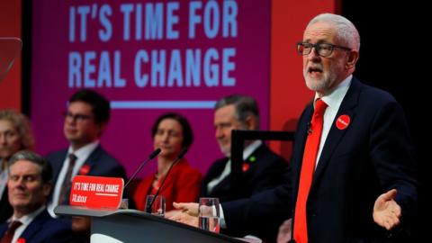 Jeremy Corbyn speaking at the release of the Labour Party manifesto