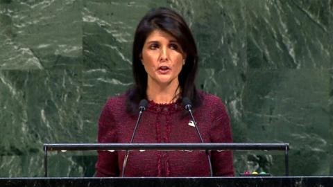 Nikki Haley speaking at a podium