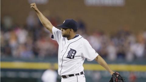 Detroit Tigers relief pitcher Francisco Rodriguez raises his fist after the final out of a baseball game against the Philadelphia Phillies, Tuesday, May 24, 2016, in Detroit.