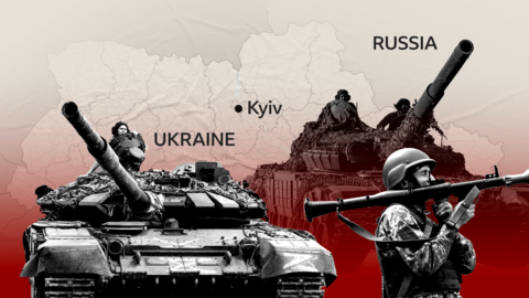 Image showing troops on tanks in the foreground and a map of Ukraine and Russia in the background