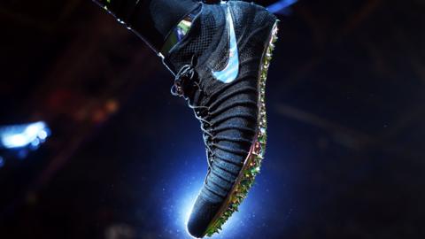 A Nike sports boot is pictured during an event to unveil their latest innovative sports products in New York on March 16, 2016.