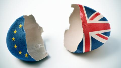 A cracked egg, decorated with the EU and UK flags