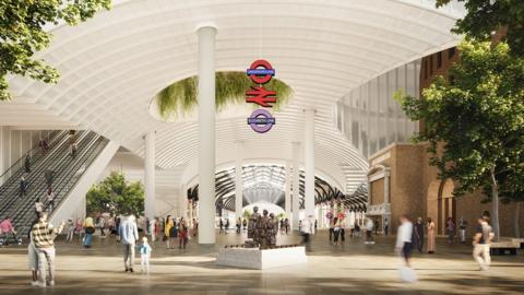 Artist's impression of the new open-plan entrance to the site featuring an atrium containing a statue commemorating the Kindertransport refugees