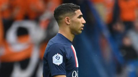 Achraf Hakimi is sent off after being shown two yellow cards for PSG in their defeat against Lorient