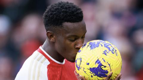 Eddie Nketiah celebrates scoring his hat-trick for Arsenal against Sheffield United at the Emirates Stadium