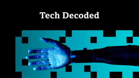 An Android's arm reached out in an image being slowly decoded pixel-by-pixel, with the brand name "Tech Decoded" superimposed