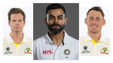 A split image graphic showing Australia's Steve Smith (left), India's Virat Kohli (centre) and Australia's Marnus Labuschagne (right)