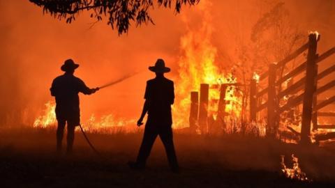 Residents defend a property from a bushfire at Hillsville near Taree, 350km north of Sydney.