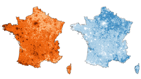 Maps of France showing vote share for Macron and Le Pen