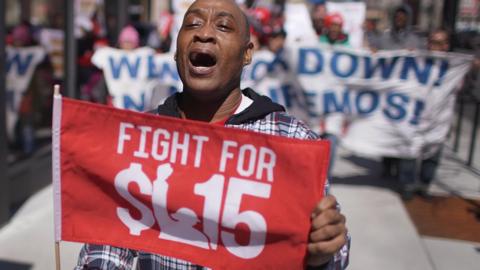 Demonstrators march in front of the McDonalds Headquarters demanding a minimum wage of $15-per-hour and union representation on April 03, 2019 in Chicago, Illinois. McDonald’s recently announced that the company would no longer lobby against increases in minimum-wage. Similar demonstrations were held in 10 cities around the country today.