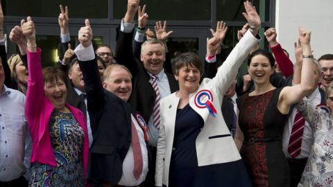 The DUP's Arlene Foster and Lord Morrow celebrate after their election in Fermanagh and South Tyrone