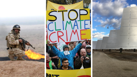 An Iraqi commando at an oil field in Iraq, a climate change protester in Germany and solar panels at an energy plant in Spain.