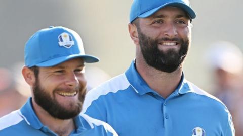 Tyrrell Hatton and Jon Rahm playing together at 2023 Ryder Cup
